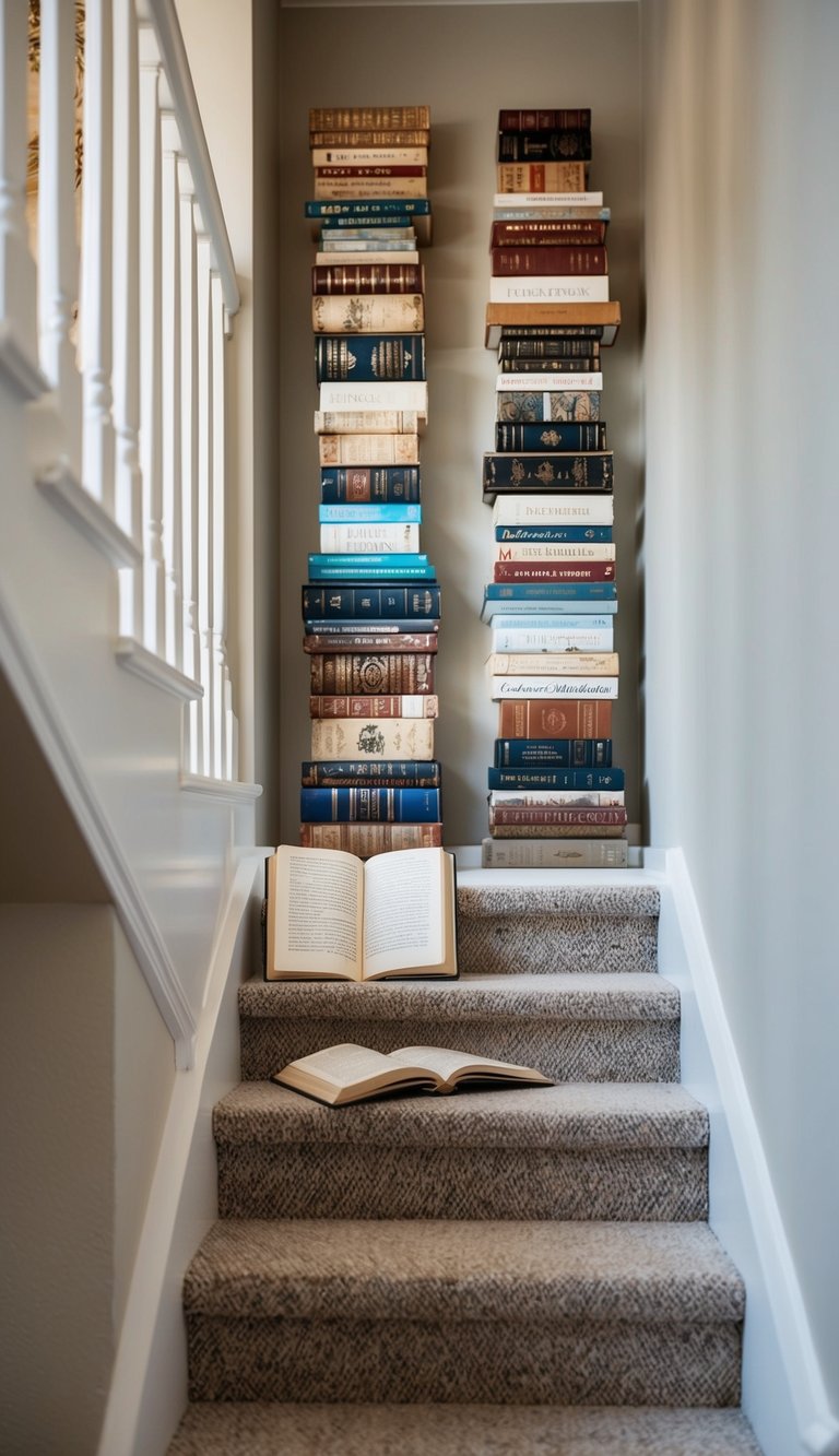 Books artistically stacked on a stairway, with two open on the steps, creating a cozy and intellectual reading ambiance.