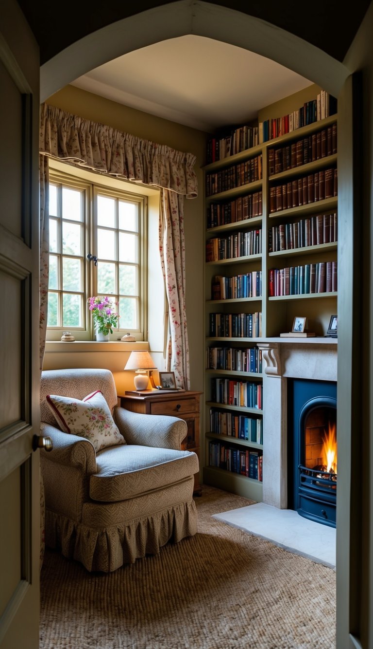 Cozy reading nook with armchair, floral curtains, a lamp, and bookshelves beside a lit fireplace. Flowers in a vase by the window.