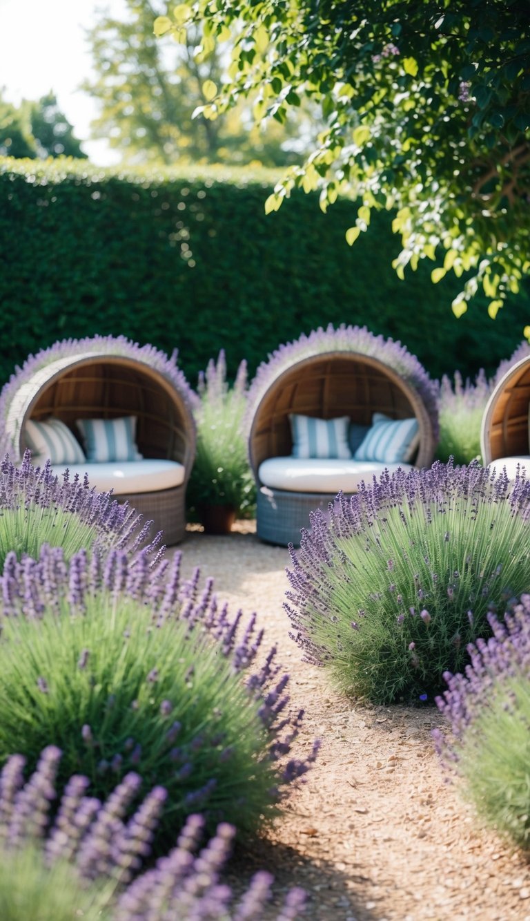 Garden with lavender bushes lining a gravel path leading to round wicker chairs, surrounded by lush greenery and dappled sunlight.