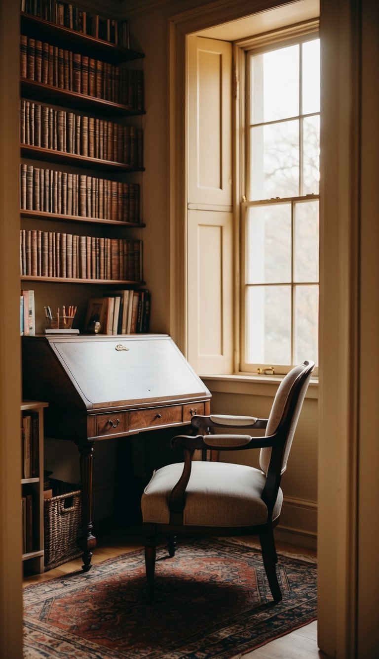 A cozy nook with an antique desk, surrounded by shelves of books and a plush armchair, bathed in warm natural light from a nearby window