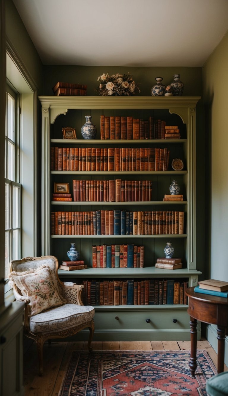 A cozy vintage bookshelf in an English country reading nook, filled with charming old books and decorative trinkets