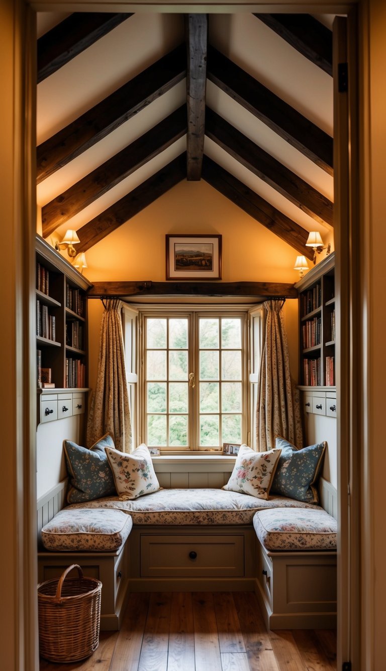 Cozy reading nook with wooden beams, built-in bookshelves, and a cushioned window seat overlooking greenery, decorated with floral pillows and warm lighting.