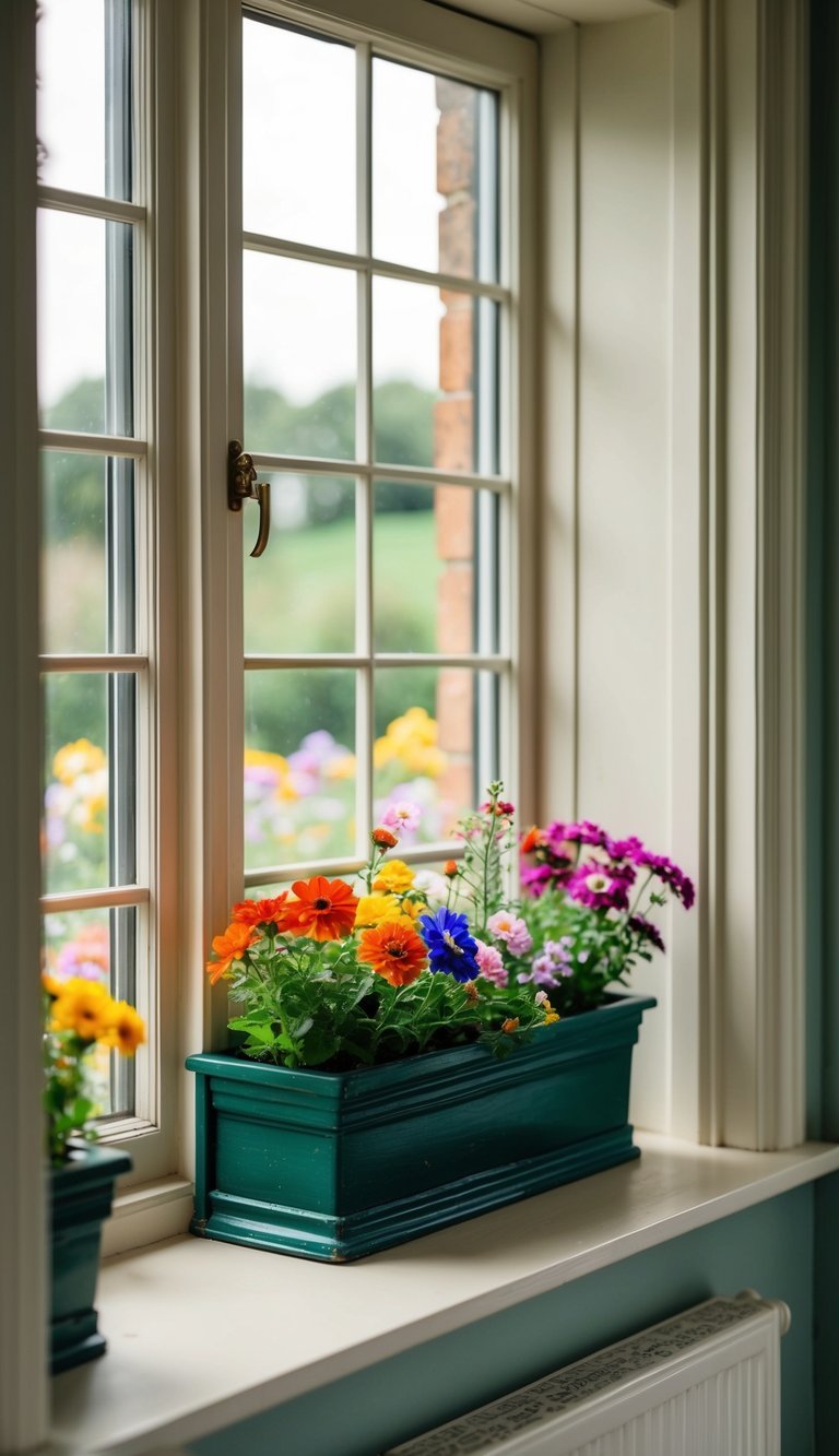A window sill with vibrant flowers overlooks a garden. Soft daylight illuminates the colorful assortment, creating a serene and inviting atmosphere.