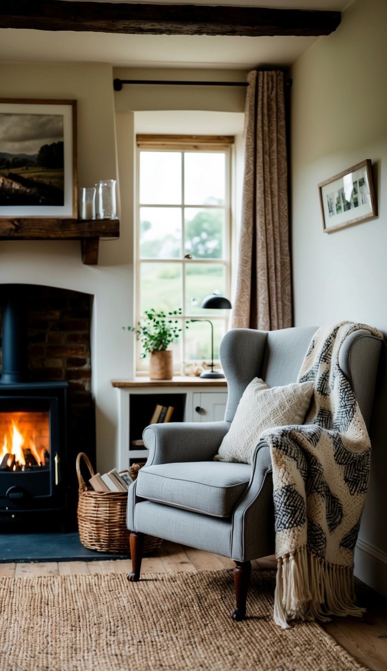 Cozy living room with armchair by the window, warm fireplace, decorative throw, and rustic shelf with pictures and vases, creating a serene atmosphere.