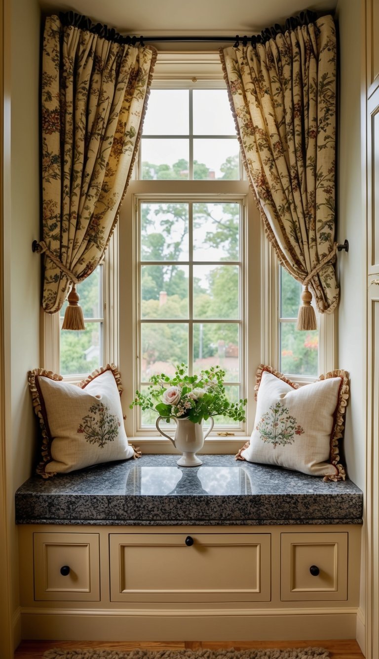 A cozy reading nook with a granite windowsill seat, adorned with charming English country decor
