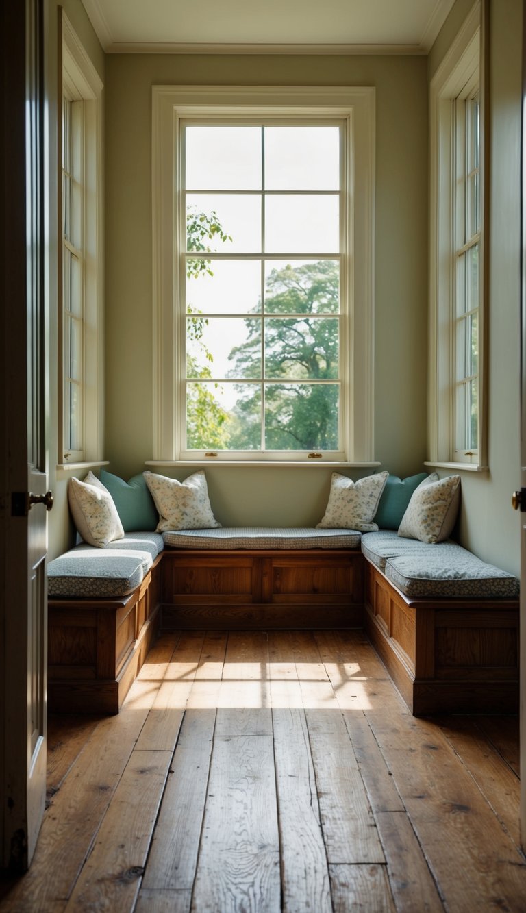 Cozy window nook with pillows on wooden benches, sunlight streaming in, overlooking lush greenery outside. Hardwood floors add warmth and charm.