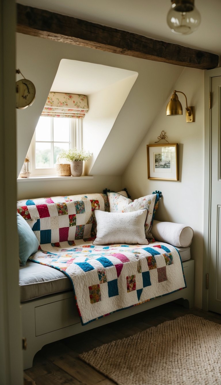 A cozy reading nook with a handcrafted quilt, nestled in an English country cottage with charming decor and soft natural light