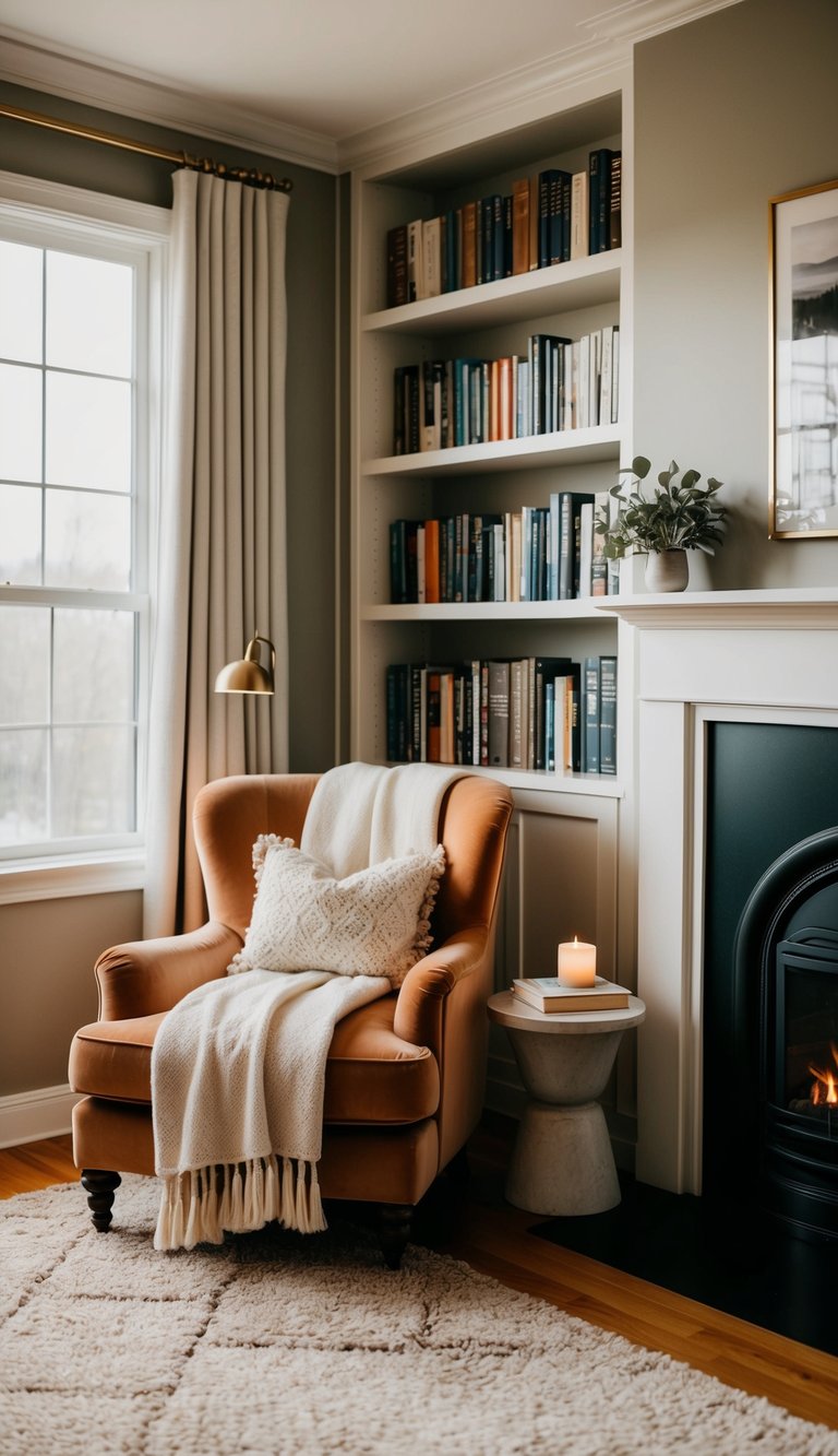 Cozy living room with an armchair, blanket, and pillows. Bookshelf filled with books, candlelit ambiance, and fireplace enhances warmth.
