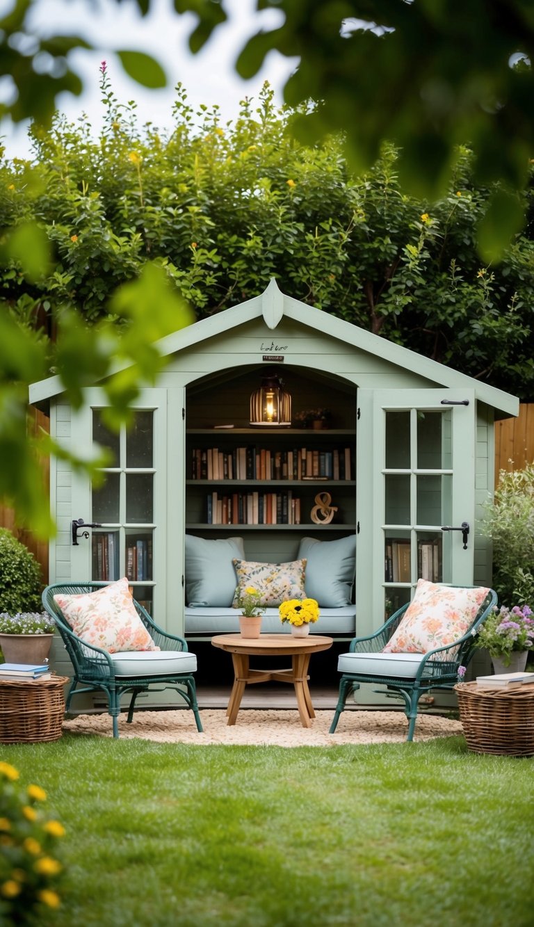 A cozy garden nook with books, green chairs, floral cushions, and a small table with flowers, surrounded by lush greenery.