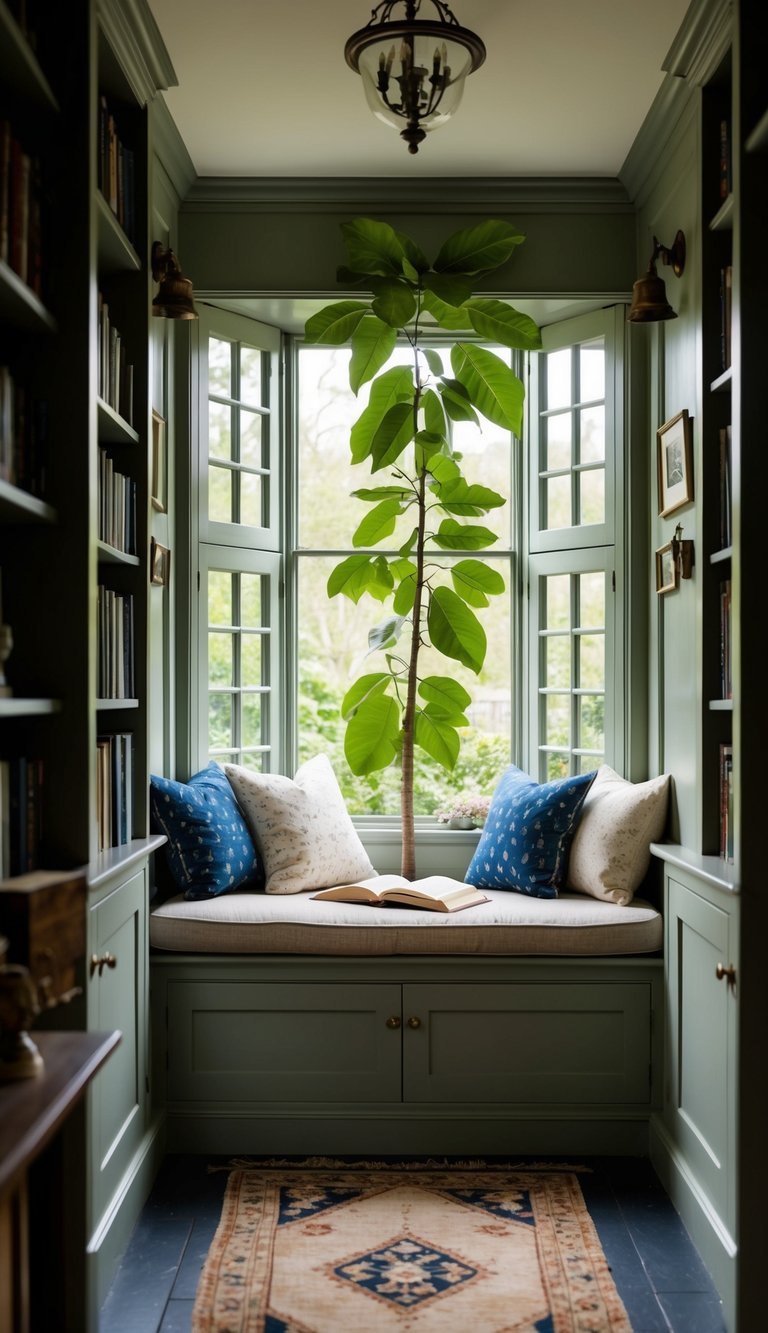 Cozy reading nook with bay window, green shelves, cushions, large plant, open book, chandelier, and patterned rug in a peaceful setting.