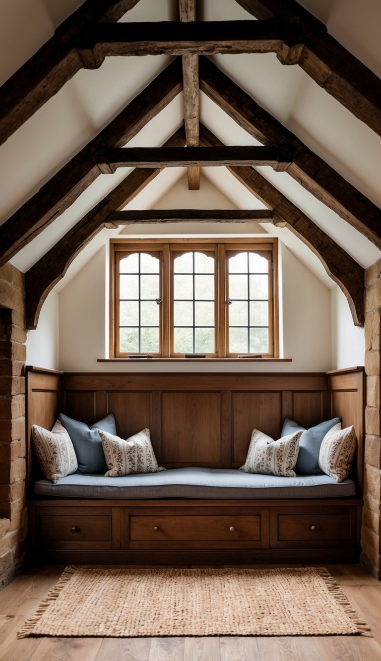 Cozy reading nooks nestled among rustic ceiling beams in an English country setting