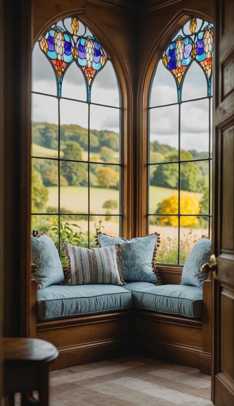 Cozy corner with blue cushions by decorative stained glass windows. Overlooks lush, rolling hills. Bright, inviting atmosphere with natural light.