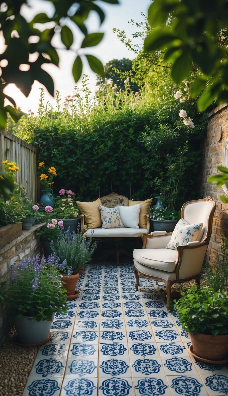 A cozy garden nook with patterned tile flooring, surrounded by lush greenery, potted flowers, and comfortable seating, creates a serene retreat.