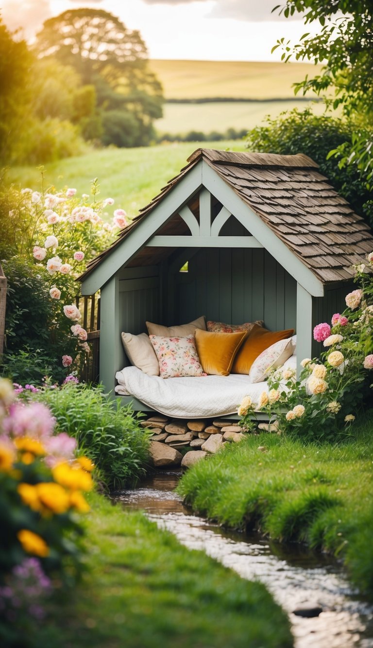 A cozy reading nook nestled in an English countryside, surrounded by blooming flowers, lush greenery, and a gentle stream