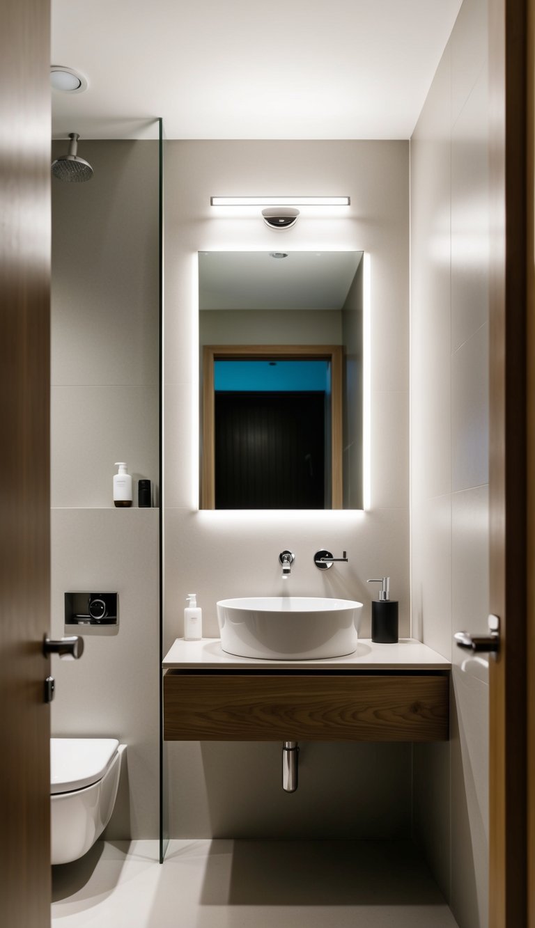 A small modern bathroom with a floating vanity, sleek design, and minimalistic style