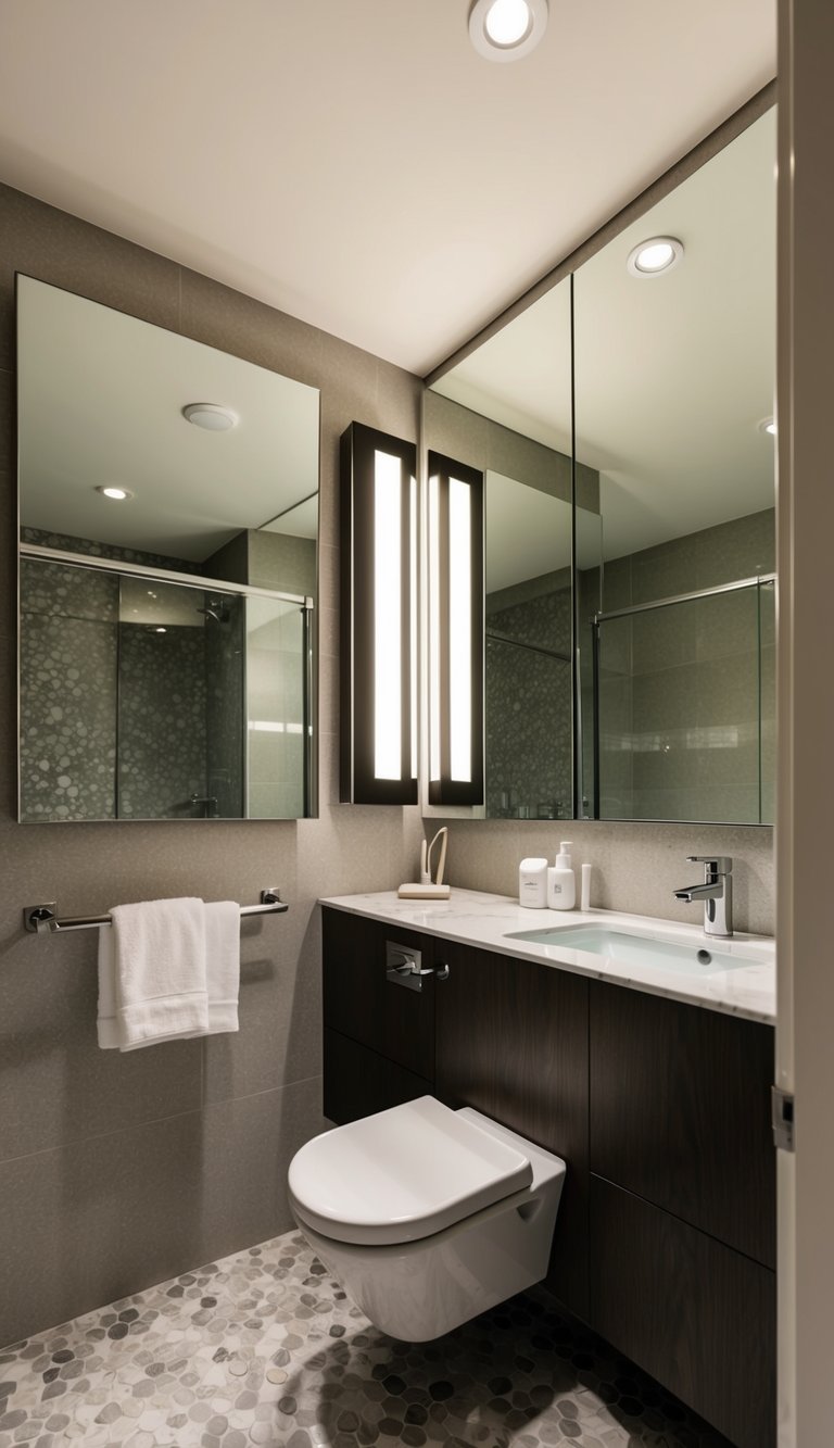 A small modern bathroom with large mirrors creating an illusion of space