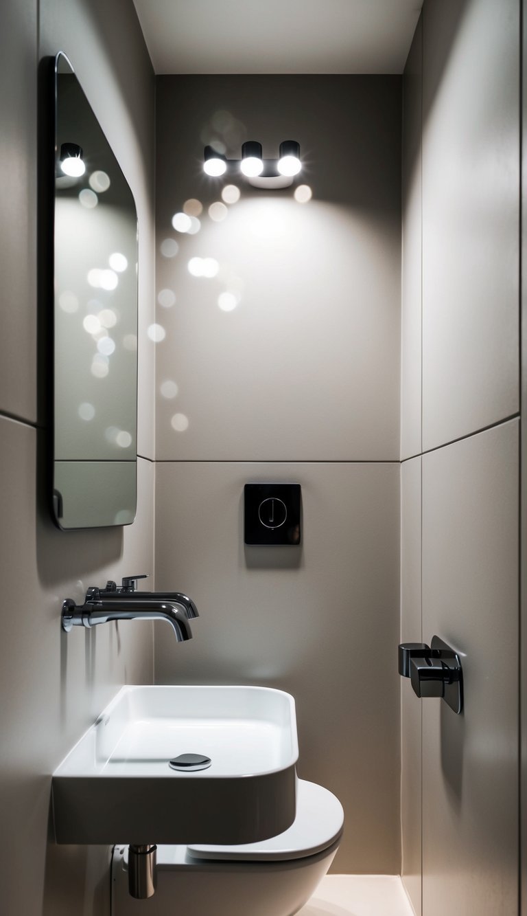 A sleek, minimalist bathroom with a small modern design featuring wall-mounted faucets