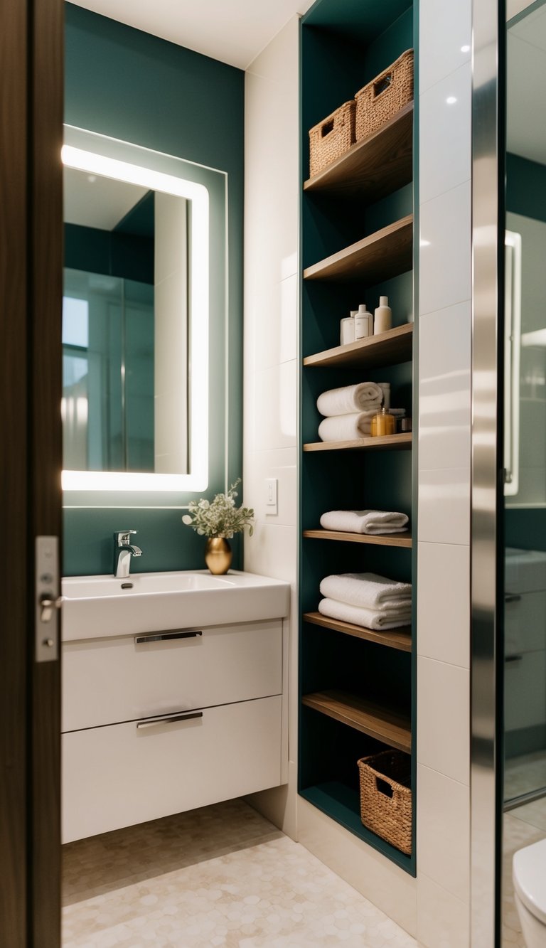 A small modern bathroom with recessed shelves for extra storage