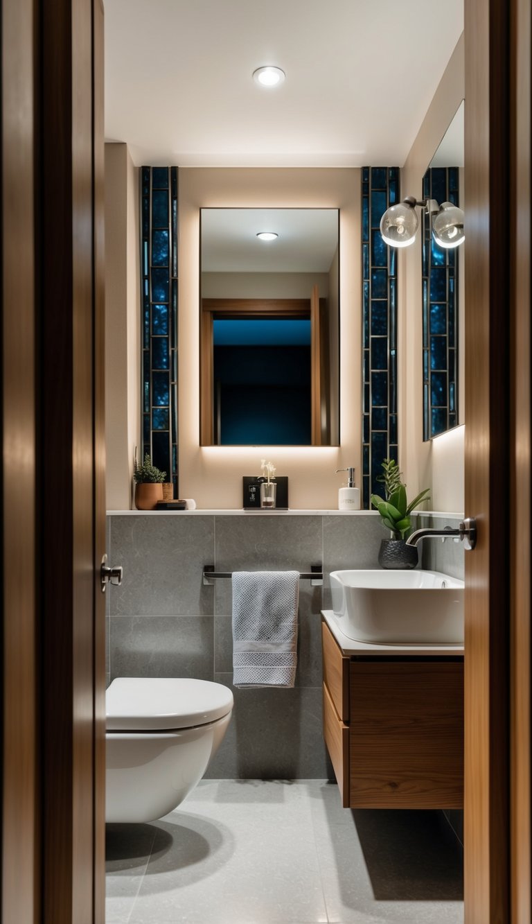 A small modern bathroom with accent lighting highlighting key features