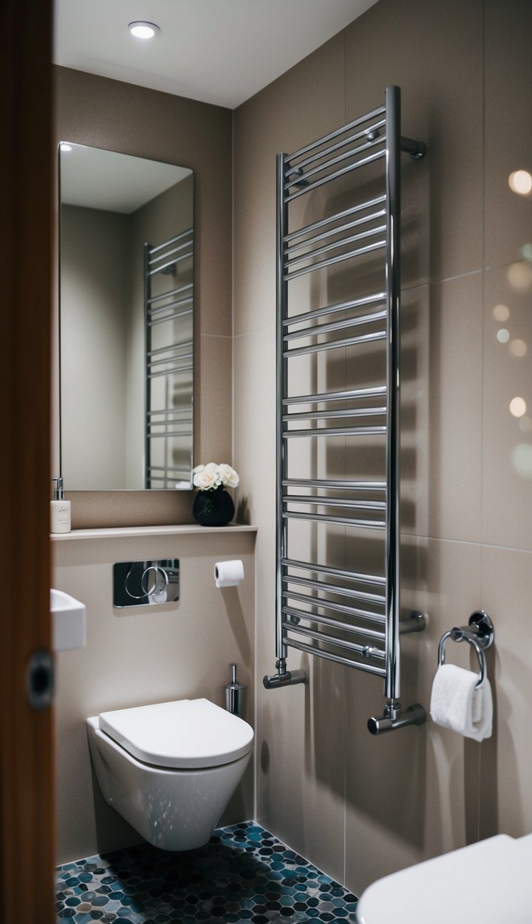 A small modern bathroom with a sleek towel warmer mounted on the wall, adding a touch of luxury to the space