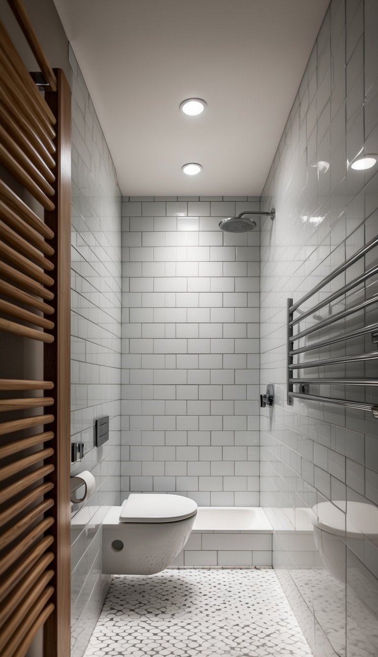 Floor-to-ceiling tiles in a small modern bathroom, creating a sense of height and sleek design
