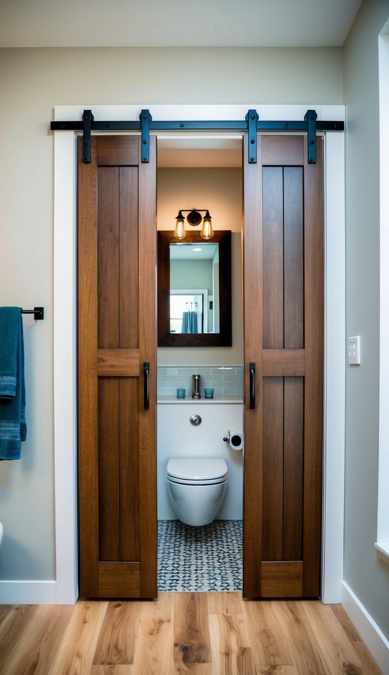 Sliding barn doors open to reveal a small modern bathroom, maximizing floor space