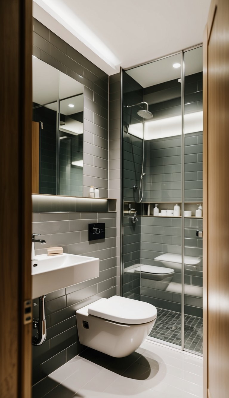 A small modern bathroom with large format tiles to create the illusion of a larger space