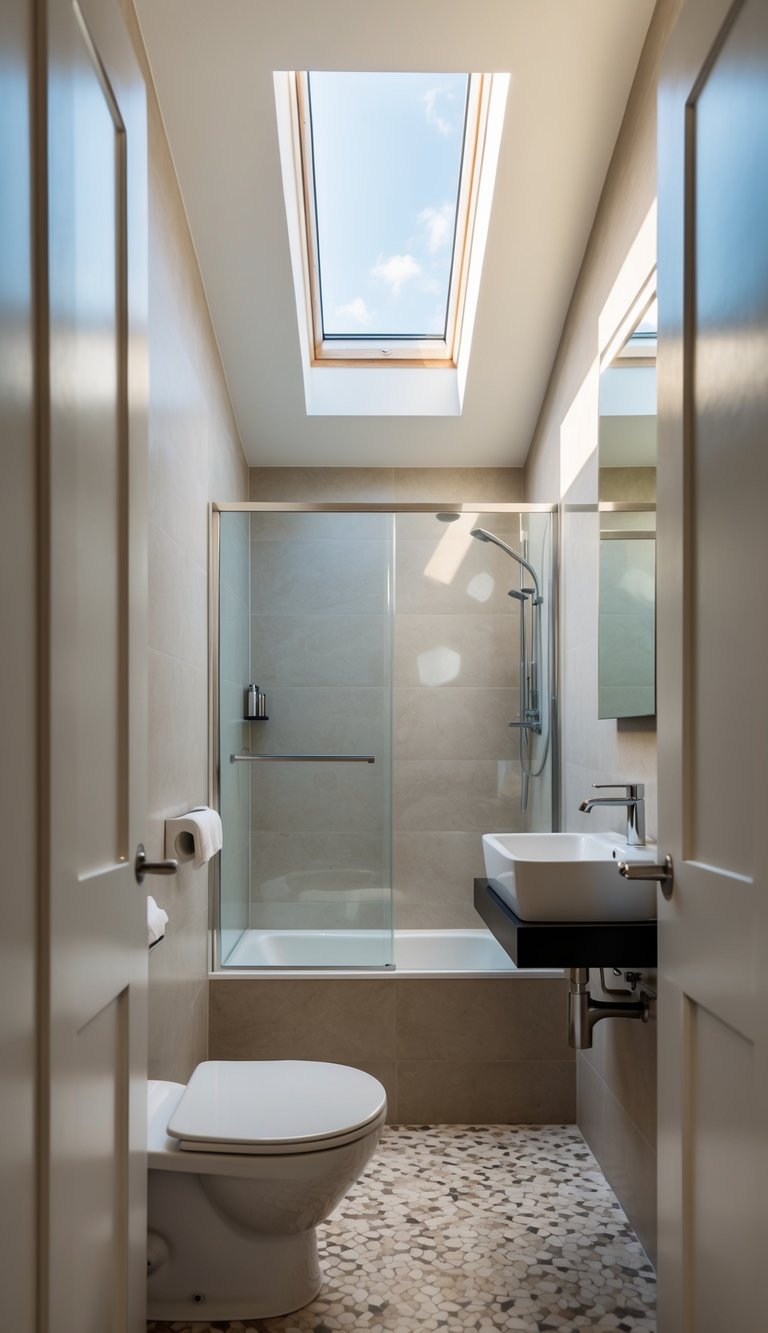 A small modern bathroom with a skylight, allowing natural light to illuminate the space