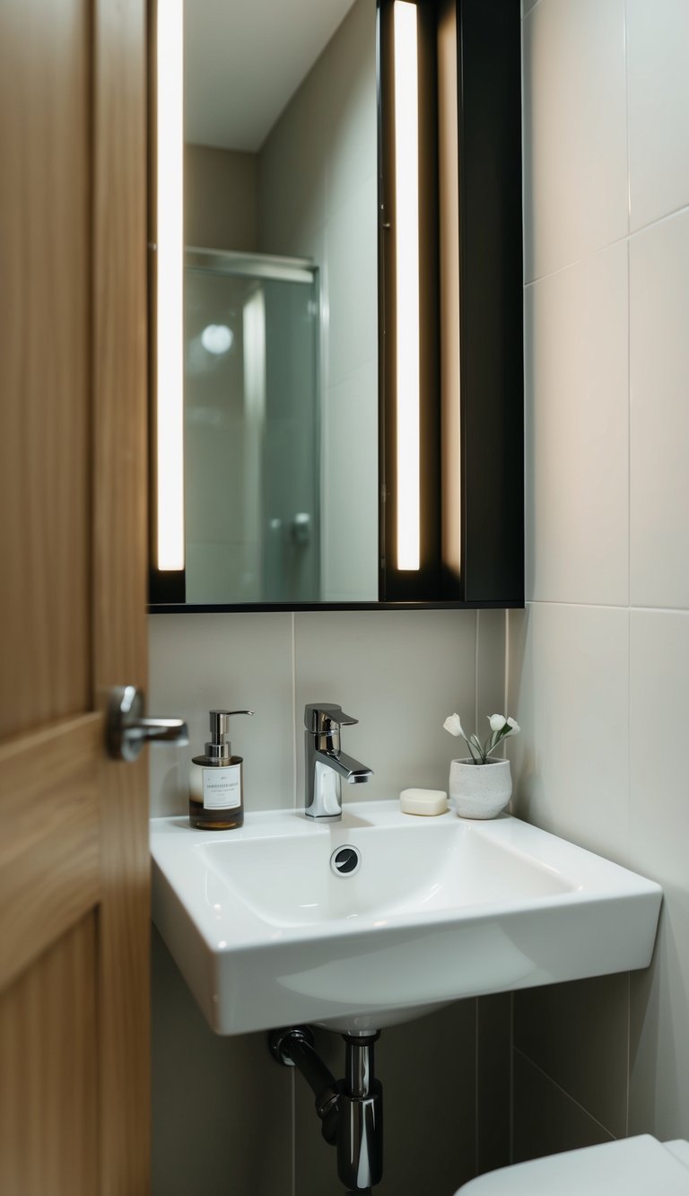 A small modern bathroom with a compact corner sink, maximizing space