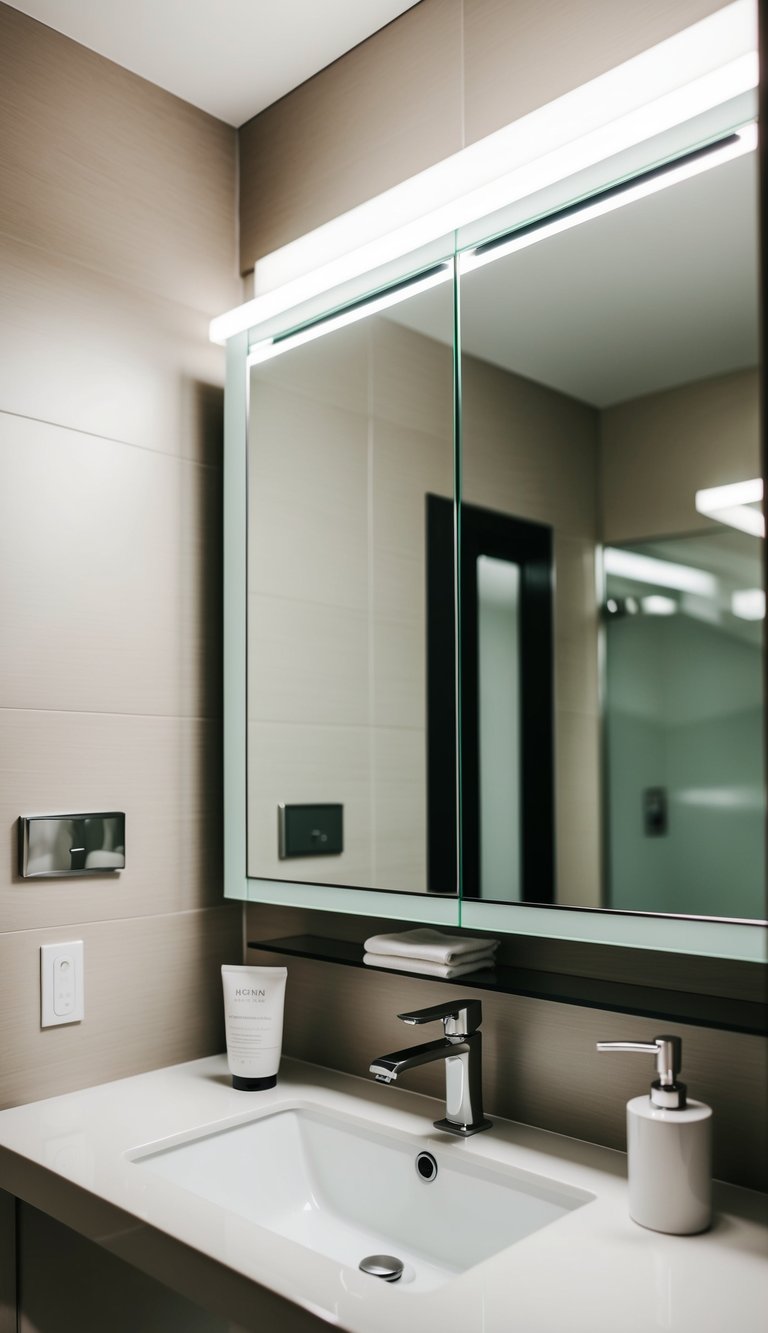 A sleek, modern bathroom with a built-in medicine cabinet, offering hidden storage