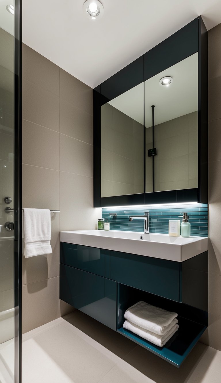 A sleek, compact bathroom features a modern dual-purpose vanity with hidden storage, maximizing space in the small design