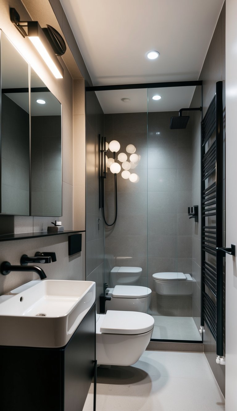 A small modern bathroom with metallic accents, sleek fixtures, and clean lines for a contemporary look