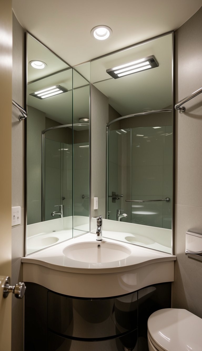 A small modern bathroom with curved counters maximizing flow in tight space