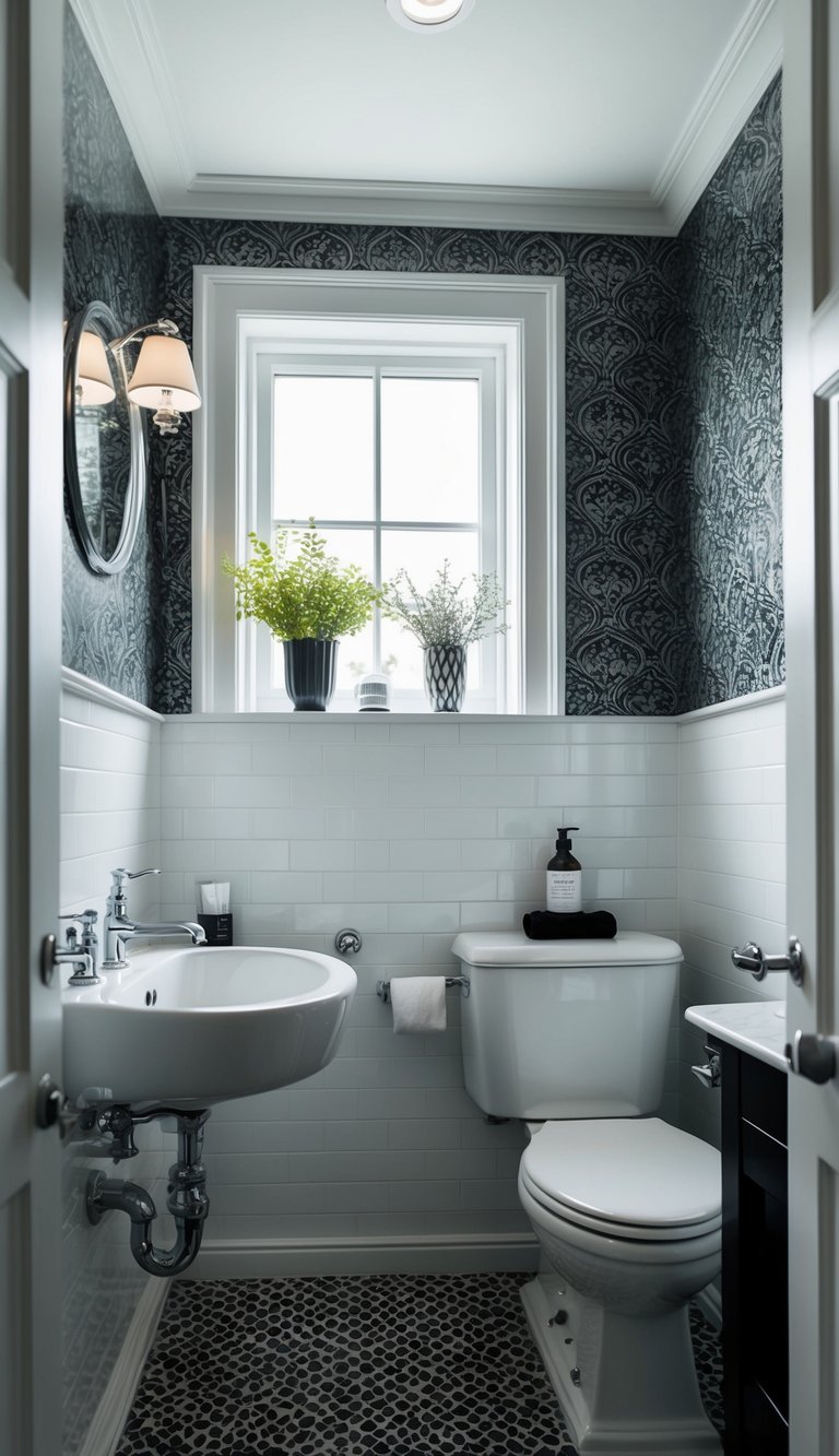 A small modern bathroom with classical monochrome decor, featuring timeless appeal in its design