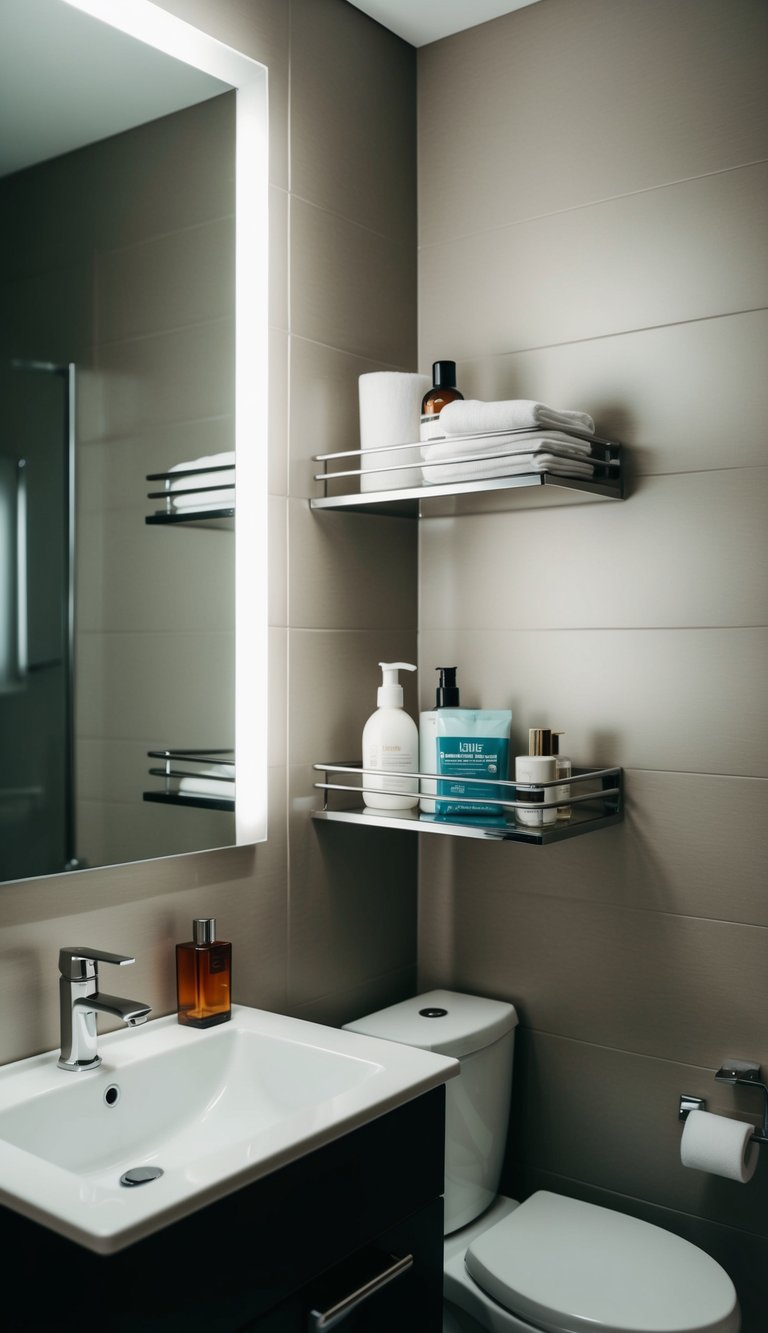 A small modern bathroom with a high shelf holding infrequently used items