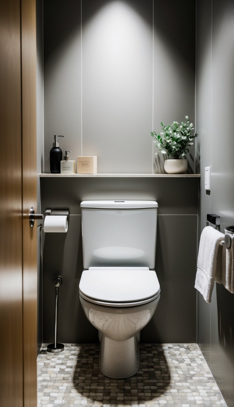 A small modern bathroom with a dual-flush toilet, sleek design, and efficient fixtures