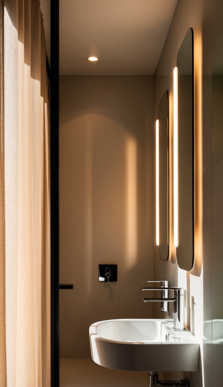Soft, warm light filters through sleek, modern fixtures in a small, minimalist bathroom. Shadows play against clean lines, creating depth and ambiance