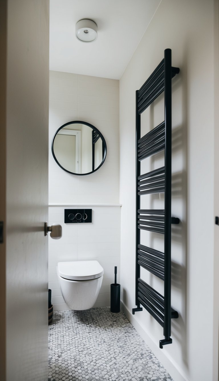 A small modern bathroom with a sleek vertical heated towel rail