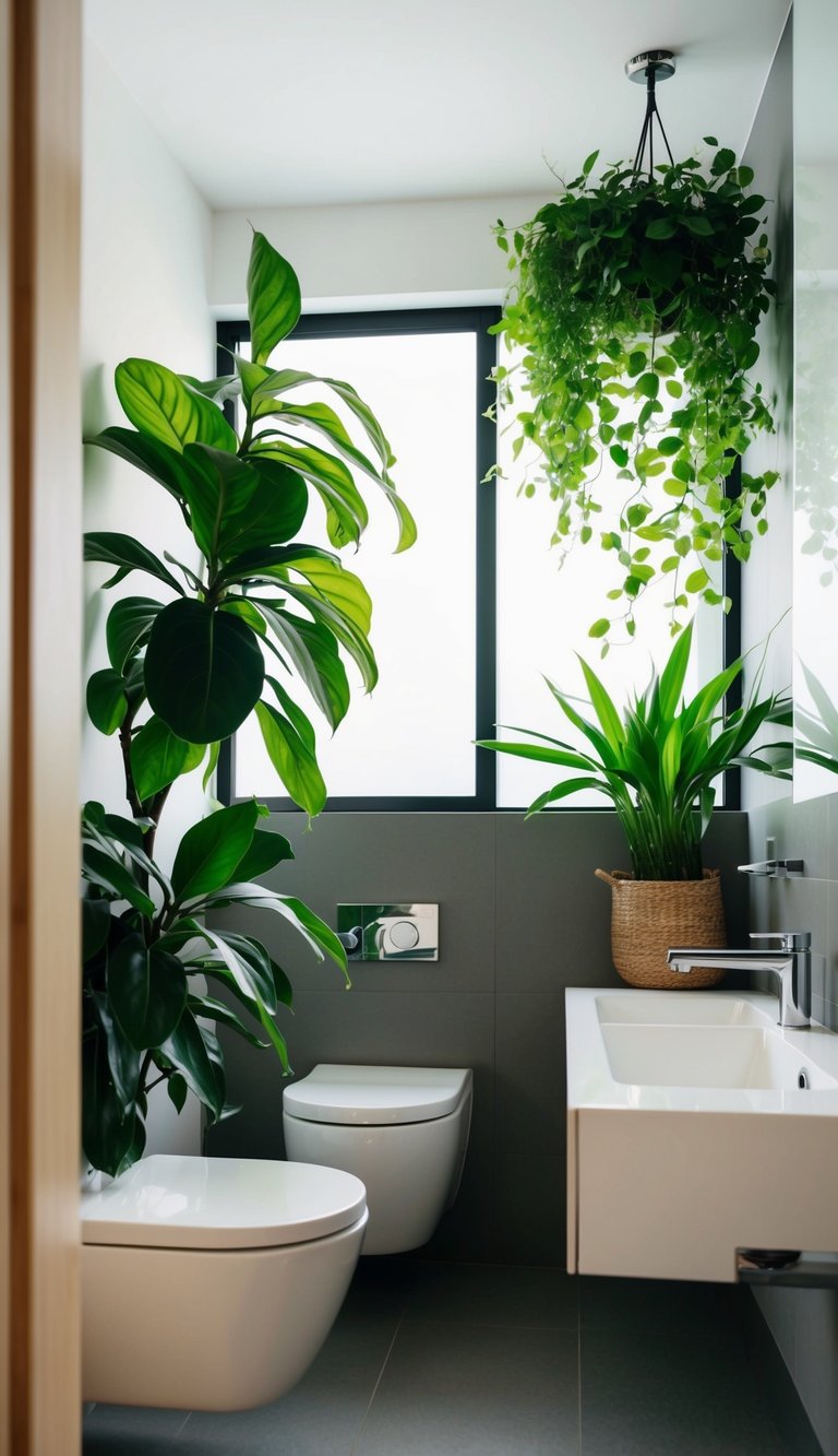 Lush green plants adorn a sleek, modern bathroom, adding a touch of natural freshness to the small space