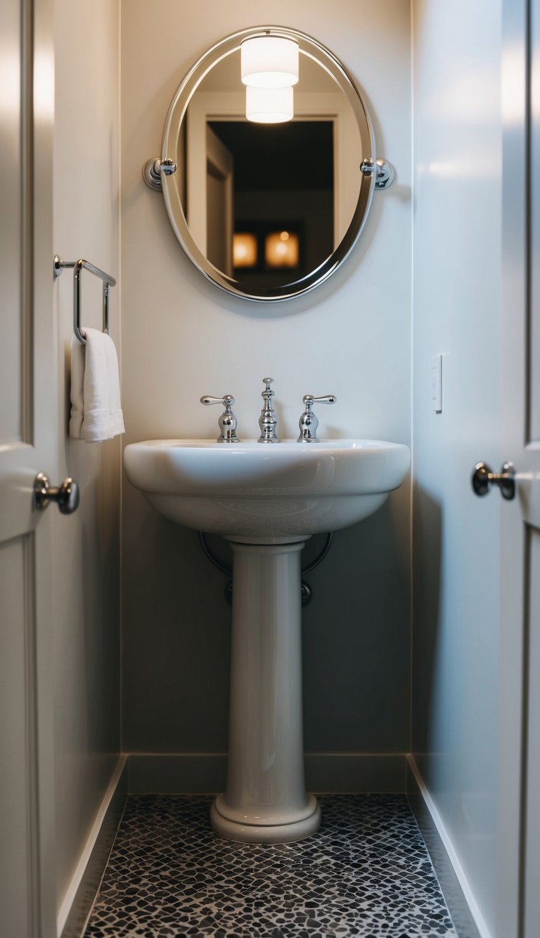A modern small bathroom with a classic pedestal sink and minimalist design