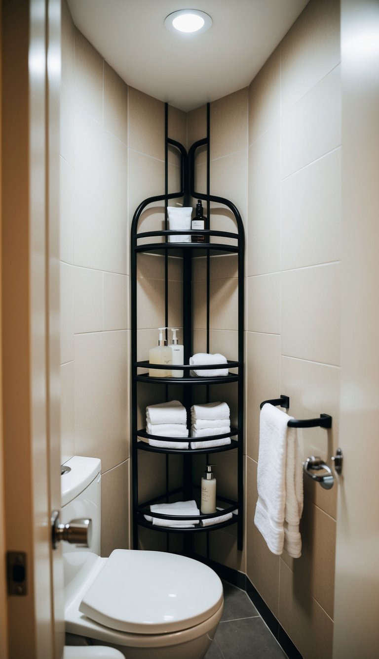 A small modern bathroom with caddy racks maximizing corner spaces