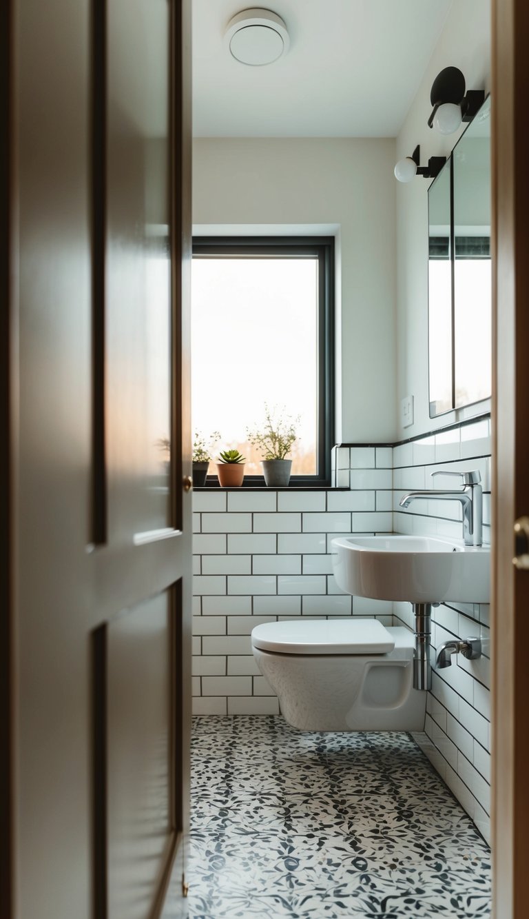 A small modern bathroom with patterned floor tiles for added interest