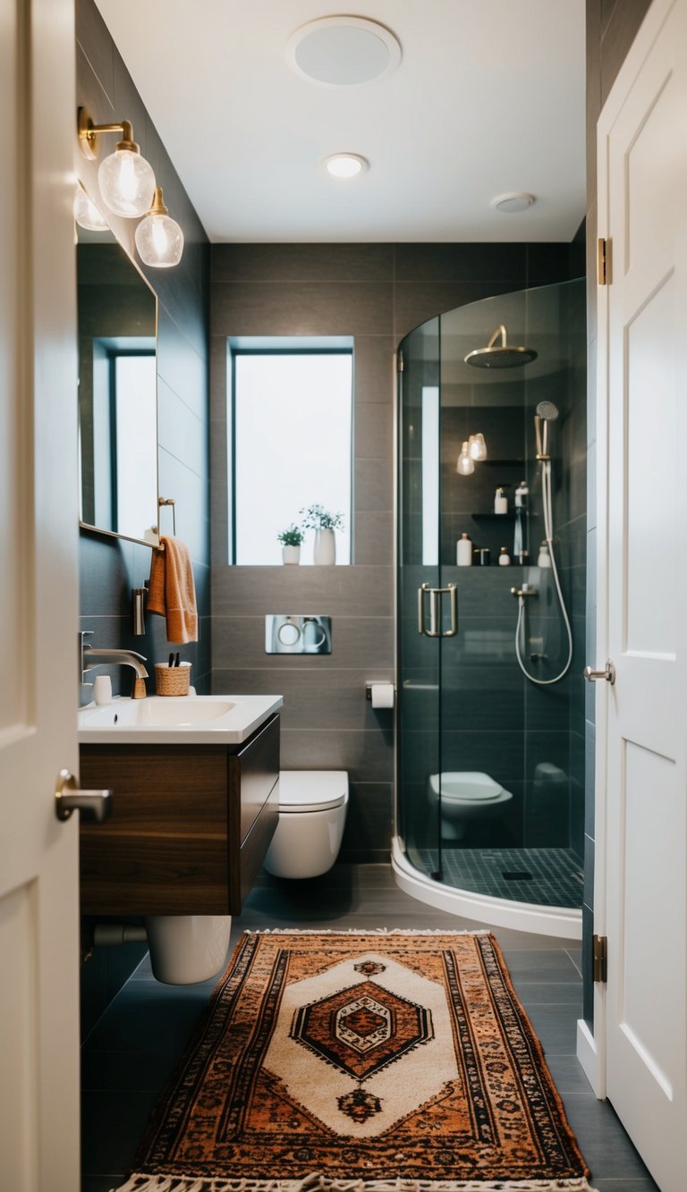 A small modern bathroom with a statement rug, adding warmth and texture to the space