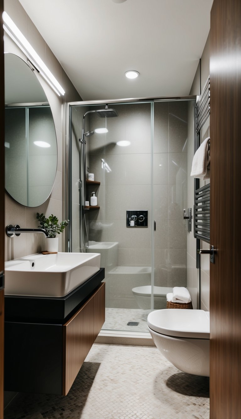 A small modern bathroom with sleek fixtures and clever storage solutions to maximize space