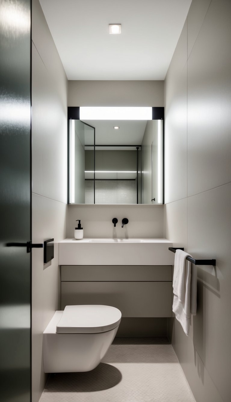 A sleek, minimalist bathroom with clean lines, geometric fixtures, and a neutral color palette. The space is compact yet functional, with a focus on modern design elements