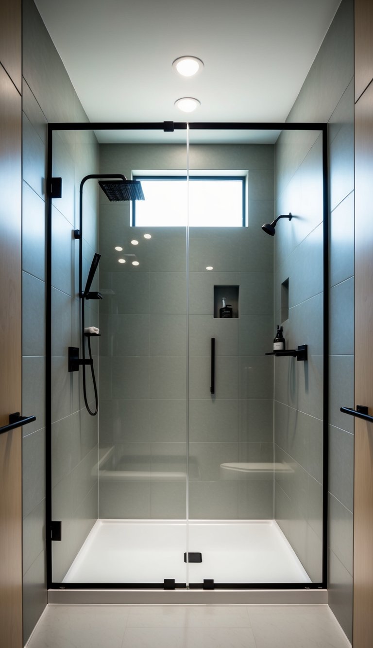 A modern bathroom with a frameless glass shower door, sleek fixtures, and minimalist design