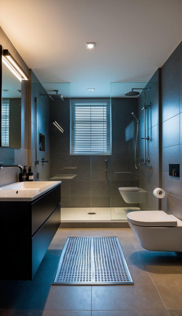 A modern bathroom with underfloor heating, featuring sleek fixtures and a spacious layout