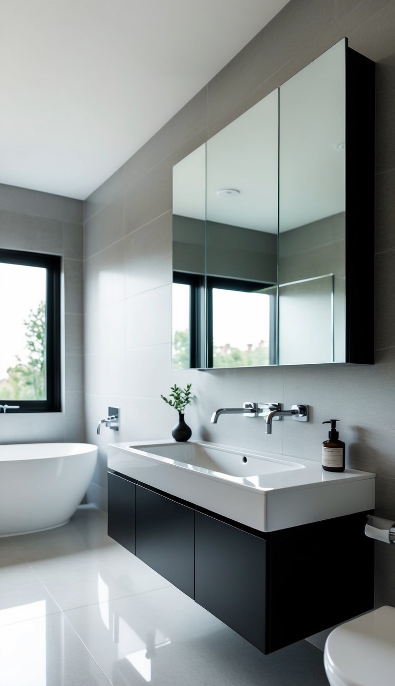 A sleek, modern floating vanity in a spacious, well-lit bathroom with clean lines and minimalistic decor