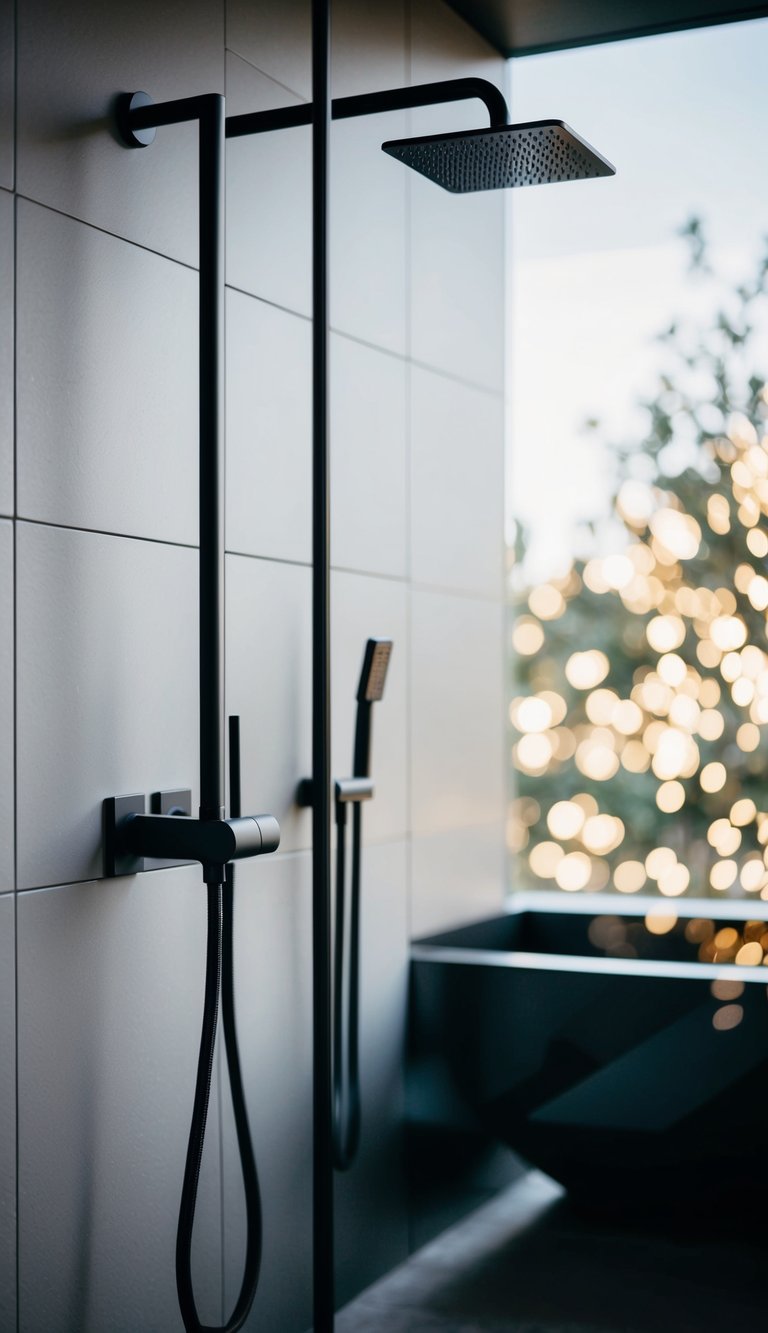A modern bathroom with matte black fixtures, including a sleek faucet, showerhead, and towel rack