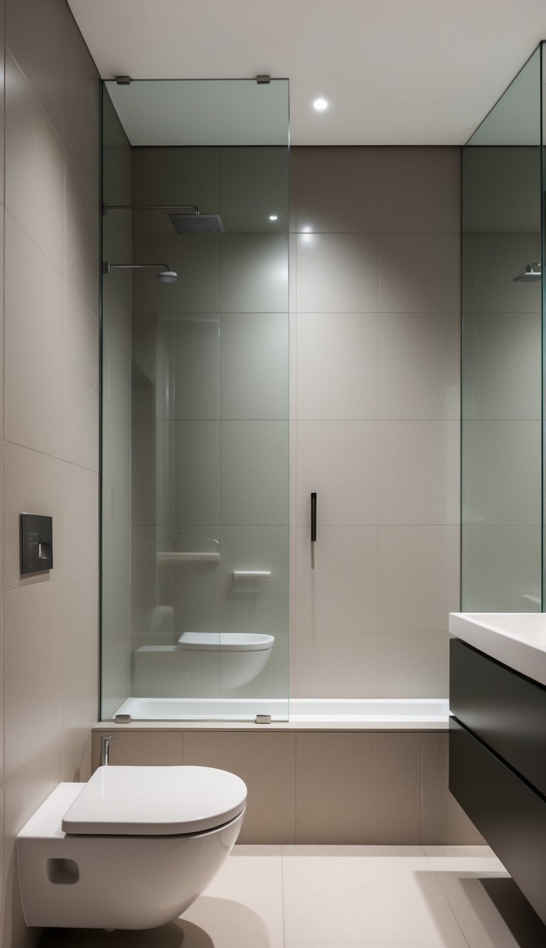 Large-format tiles cover the walls of a modern bathroom, creating a sleek and luxurious aesthetic. The tiles are neutral in color and reflect light, giving the space a clean and spacious feel